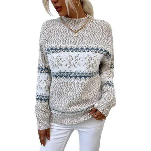 Women’s Casual Leopard Print Knitted Pullover Sweaters Long Sleeve Crew Neck Jumper Tops