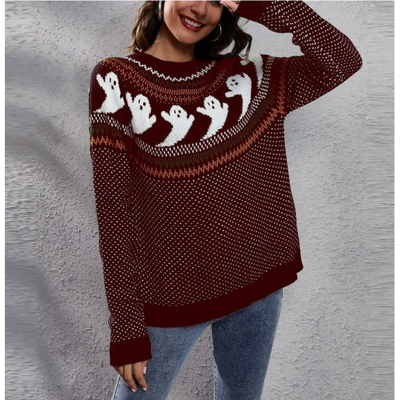 Women’s Casual Leopard Print Knitted Pullover Sweaters Long Sleeve Crew Neck Jumper Tops