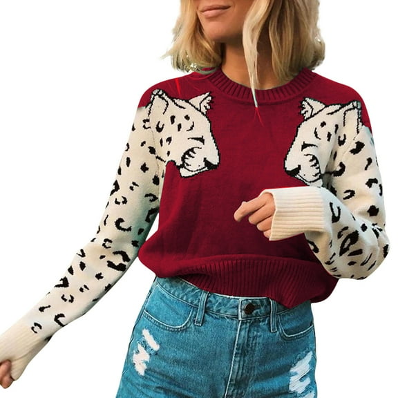 Women’s Casual Leopard Print Knitted Pullover Sweaters Long Sleeve Crew Neck Jumper Tops