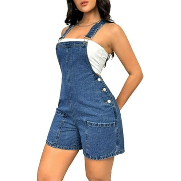 Women's Casual Letter Overall Straps Light Wash Sleeveless Denim Overalls & Jumpsuits XS (2)