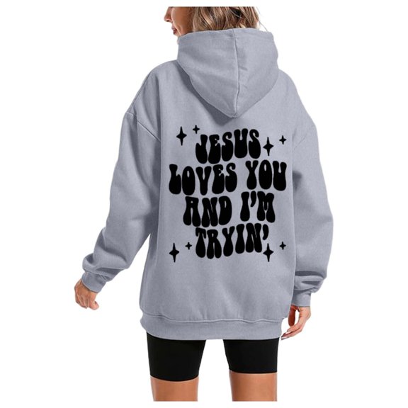 Women's Casual Letter Print Solid Color Round Neck Pullover Hoodie With Pocket And Drawstring Hat Jacket Women Womens Fall Tops Two Dresses Women Tan Hoodie Hoodies for Women Zip up Winter Sweatshirt