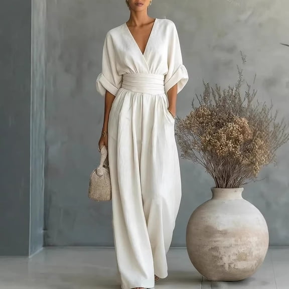 Women's Casual Light Blue Wide Leg Jumpsuits For Women V Neck Half Sleeve Wrap Belted Side Pockets Spring Romper White M