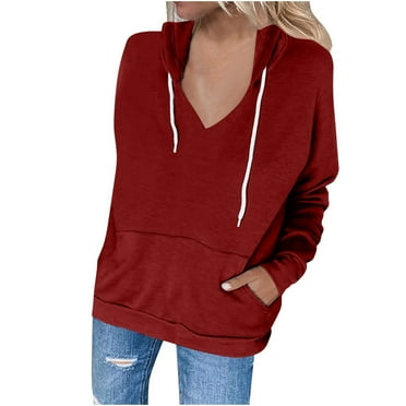 Women's Casual Lightweight Hoodies Fall Tops Long Sleeve V Neck Drawstring Sweatshirts Loose Pullovers with Pocket