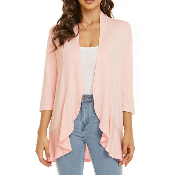 Women's Casual Lightweight Open Front Cardigans Soft Draped Ruffles 3/4 Sleeve Cardigan Open Front Cardigan Draped Ruffles Soft Knit Sweaters