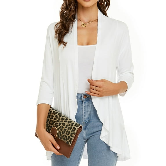 Women's Casual Lightweight Open Front Cardigans Soft Draped Ruffles 3/4 Sleeve Cardigan Open Front Cardigan Draped Ruffles Soft Knit Sweaters
