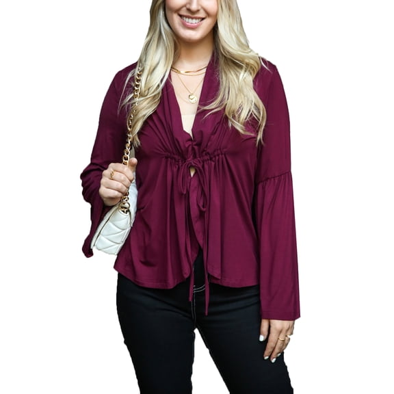 Women's Casual Lightweight Open Front Cardigans Soft Draped Ruffles Flare Sleeve Cardigan