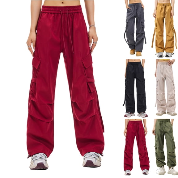 Women's Casual Lightweight Solid Color Straight-Leg Cargo Pants with Drawstring & Multi-Pockets, Olive Green, XXL