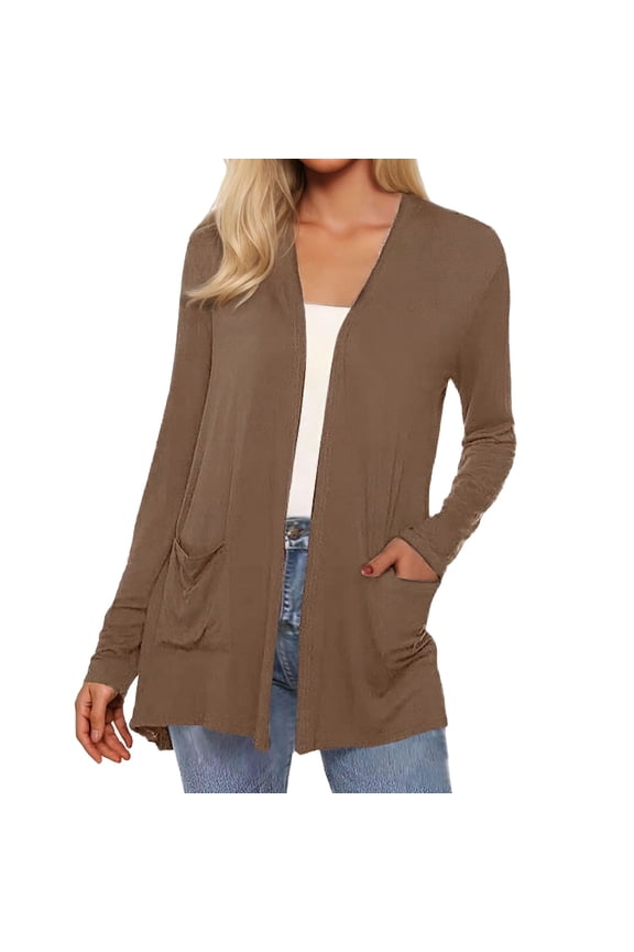 Women's Casual Lightweight With Pockets Long Sleeve Open Front Cardigan - Polyester/Spandex, Versatile, for Multiple Occasions