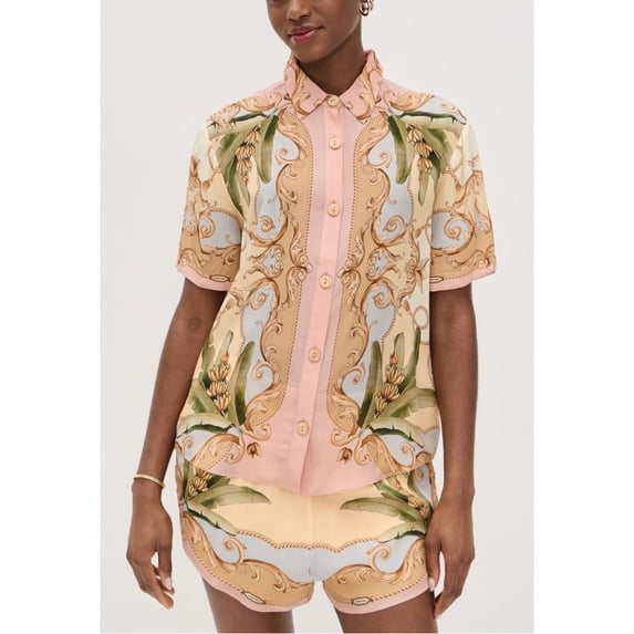 Women's Casual Linen 2 Piece Outfit, Elegant Tropical Print Button Down Shirt & Shorts Matching Set