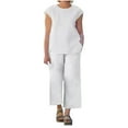 thumbnail image 1 of Women’s Casual Linen 2 Piece Outfits Cap Sleeve Crewneck Blouse with Loose Wide Leg Cropped Pants Sets With Pockets, 1 of 7