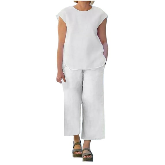 Women’s Casual Linen 2 Piece Outfits Cap Sleeve Crewneck Blouse with Loose Wide Leg Cropped Pants Sets With Pockets