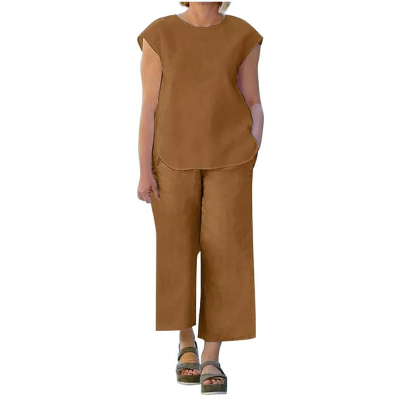 Women’s Casual Linen 2 Piece Outfits Cap Sleeve Crewneck Blouse with Loose Wide Leg Cropped Pants Sets With Pockets