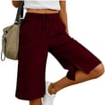 thumbnail image 1 of Women's Casual Linen Bermuda Shorts, Solid Color Knee Length Split Hem Summer Capris, Elastic Waist Breathable Shorts For Daily Office Beach Vacation Wear Wine XL, 1 of 7