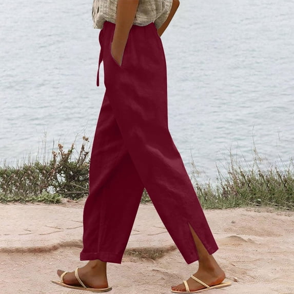 Women's Casual Linen Blend Drawstring Elastic Waist Wide Leg Pants for Comfort and Style