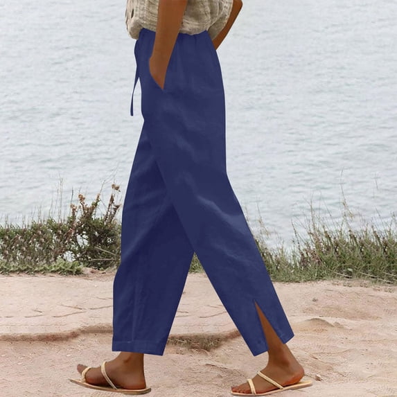 Women's Casual Linen-Blend Drawstring Elastic Waist Wide Leg Pants for Everyday Wear