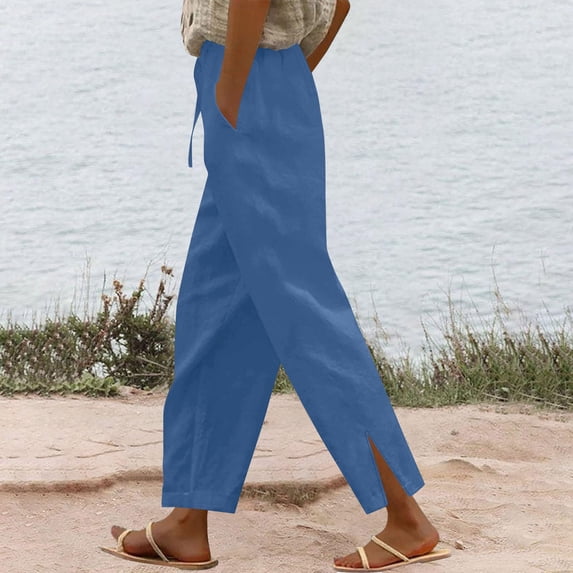 Women's Casual Linen-Blend Drawstring Elastic Waist Wide Leg Pants for Everyday Wear