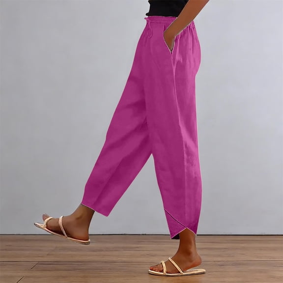 Women's Casual Linen Blend Pants,Loose Fit Wide Leg Trousers with Split Hem,Lightweight Breathable Spring Summer Lounge Bottoms,Comfy Drawstring Waist Beach Travel Pants Hot Pink L