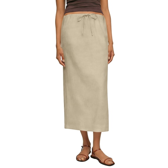 Women's Casual Linen Cotton Midi Skirt Solid Color Side Slit Khaki M