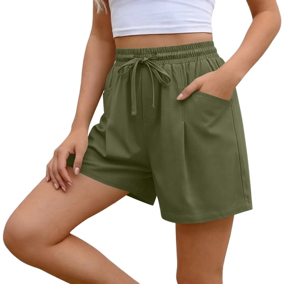 Women's Casual Linen Cotton Shorts Elastic Waisted Drawstring Summer Lounge Shorts with Pockets