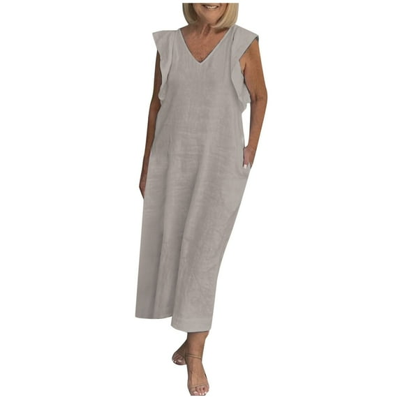 Women's Casual Linen Dress Solid Color Back Strap Flying Sleeve Comfortable Breathable Summer Skirt Flowy Elegant Loose Fit