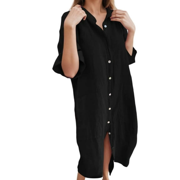 Women's Casual Linen Midi Dress Button Down, Roll Long Sleeve, Ideal for Work & Various Occasions, Plus Size