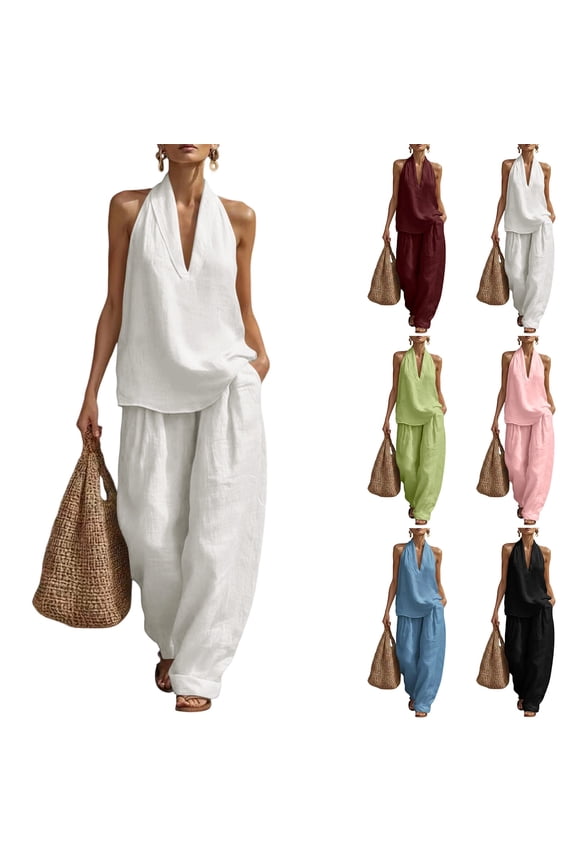 Women's Casual Linen Outfits Sleeveless Halter Tops, High Waist Pockets Pants Trendy Boho Summer Sets White L