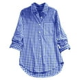 thumbnail image 1 of Women's Casual Linen Plaid Collar Long Sleeve Retro Button Up Shirt for Stylish Everyday Wear Blue,2X-Large, 1 of 6