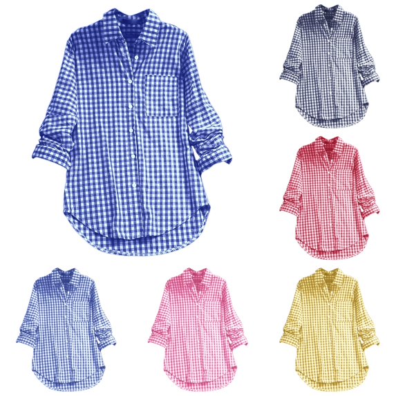 Women's Casual Linen Plaid Collar Long Sleeve Retro Button Up Shirt