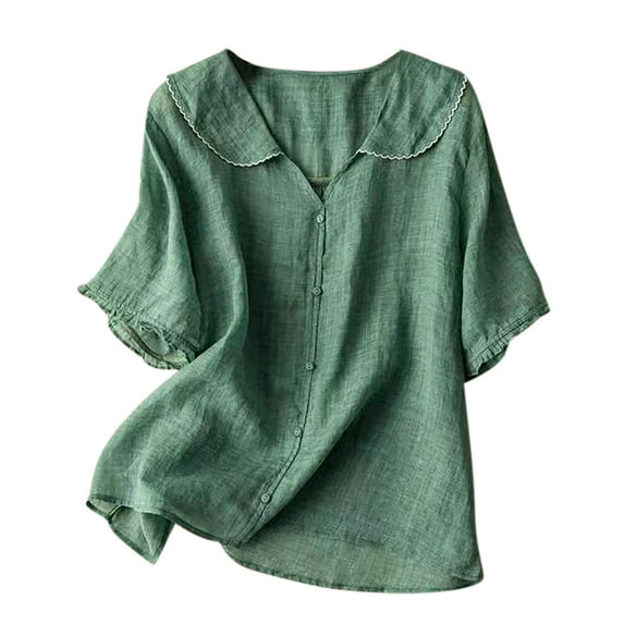 Women's Casual Linen T-Shirt Button up Lapel Collar Shirt Summer Ruffled Half Sleeve Loose Tops,Green,L
