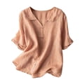 thumbnail image 1 of Women's Casual Linen T-Shirt Button up Lapel Collar Shirt Summer Ruffled Half Sleeve Loose Tops,Orange,XXL, 1 of 6