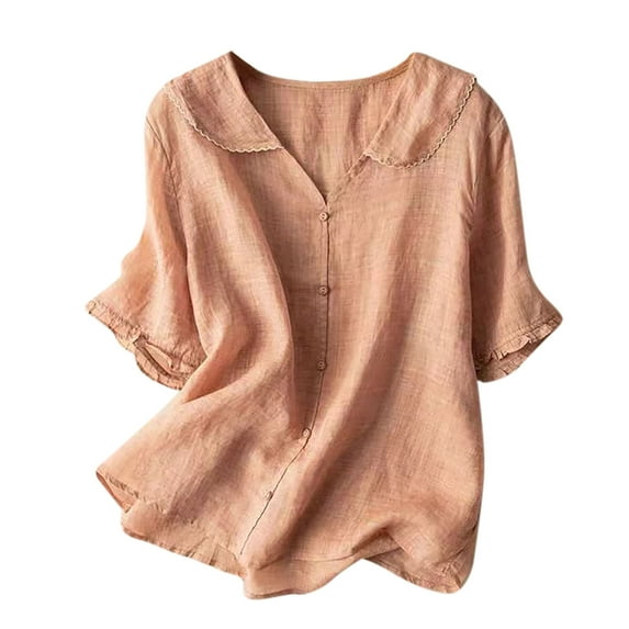 Women's Casual Linen T-Shirt Button up Lapel Collar Shirt Summer Ruffled Half Sleeve Loose Tops,Orange,XXL