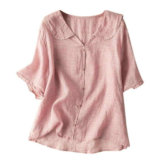 Women's Casual Linen T-Shirt Button up Lapel Collar Shirt Summer Ruffled Half Sleeve Loose Tops,Pink,XL