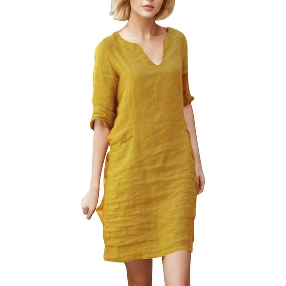 Women's Casual Linen V Neck Retro Dress Elegant Splicing Quarter Sleeve Solid Color Summer Dress Comfortable Stylish Feminine Outfit 2025 Vacation Dress Stylish Beach Sundress