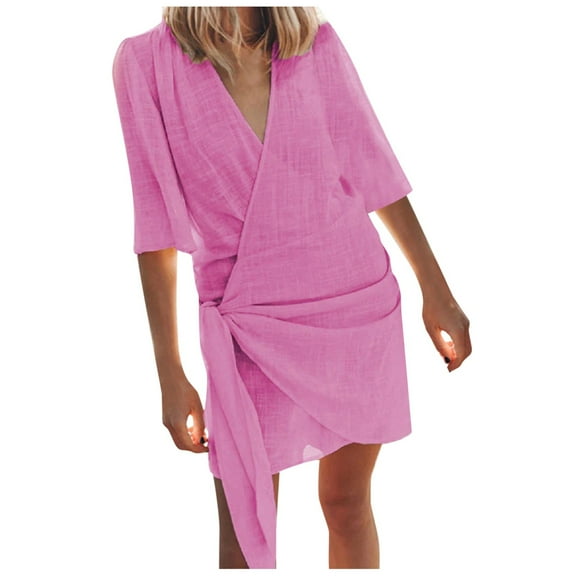 Women's Casual Linen V Neck Short Sleeve Midi Dress Solid Color Spring Summer Comfortable Breathable Flowy Elegant Stylish Versatile Everyday Wear