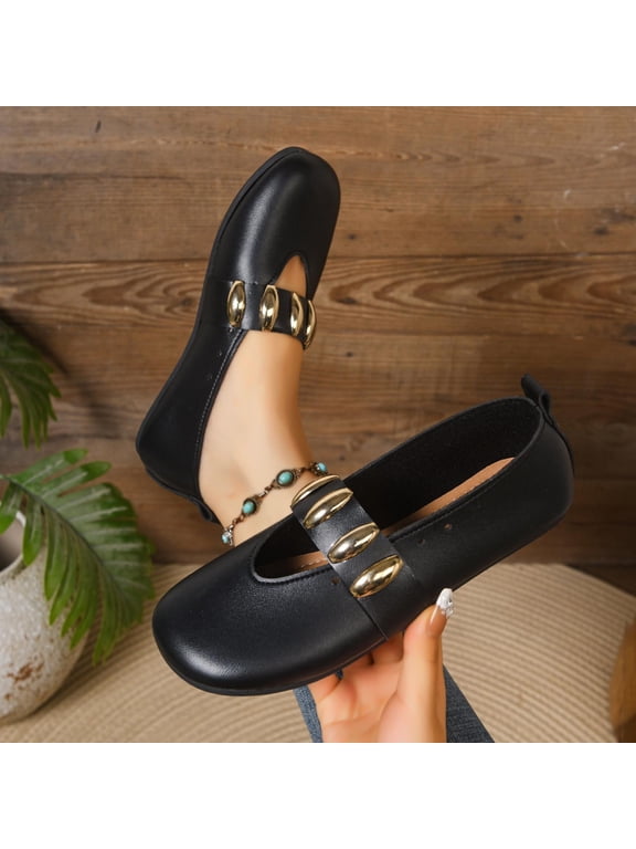 Women's Casual Loafers, Faux Leather Flat Shoes, Adjustable T-Strap, Comfortable Padded Lining, Flexible Outsole, Versatile for Office Shopping Dating Everyday Wear Black E