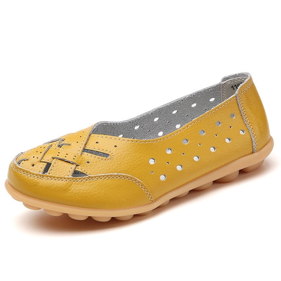 Women‘s Casual Loafers, Perforated Leather Look Driving Shoes with Flexible Rubber Nubbed Sole, Comfort for Mature Feet, Walking, and Light Support Yellow 37