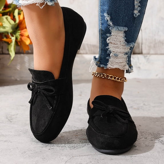 Women's Casual Loafers, Plus Size Flat Shoes Soft Sole Round Toe Slip on Moccasins for Everyday Wear, Comfortable Bow Detail Flats for Home Office Outdoor