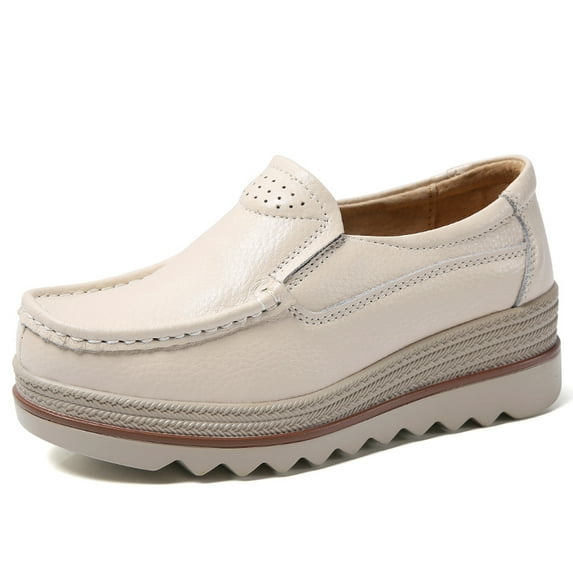 Women's Casual Loafers Slip On Leather Wedges Shoes Casual Platform Walking Shoes Female Classic Flats Boat Shoes
