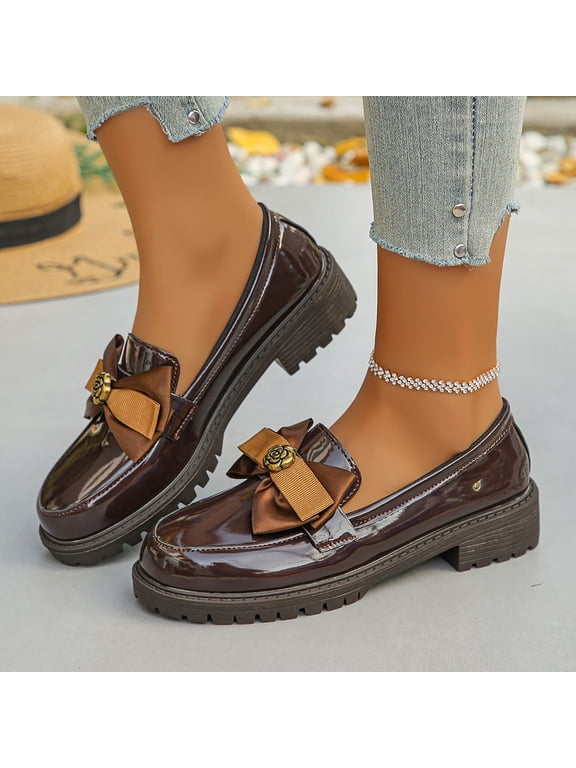 Women's Casual Loafers, Slip-on Round Toe Platform Shoes with Bowknot, Comfortable British Style Low-Top Footwear for Everyday Wear