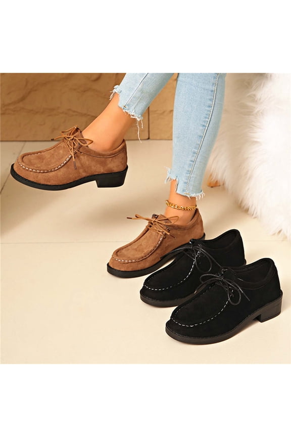 Women's Casual Loafers, Suede Lace-Up Round Toe Shoes, Comfortable Low Heel Walking Shoes for Daily Wear, Work, Shopping - Black/Brown