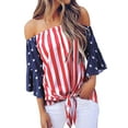 thumbnail image 1 of Women's Casual Long Bell Sleeve American Flag July 4th Stripe Star Shirt Top Blouse, 1 of 5