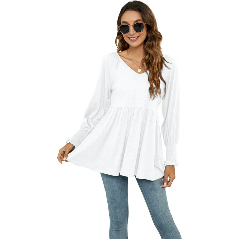 Women's Casual Long Sleeve Babydoll Tops V Neck Pleated Peplum Tunic Top  Puff Tiered Flowy Shirts Blouse