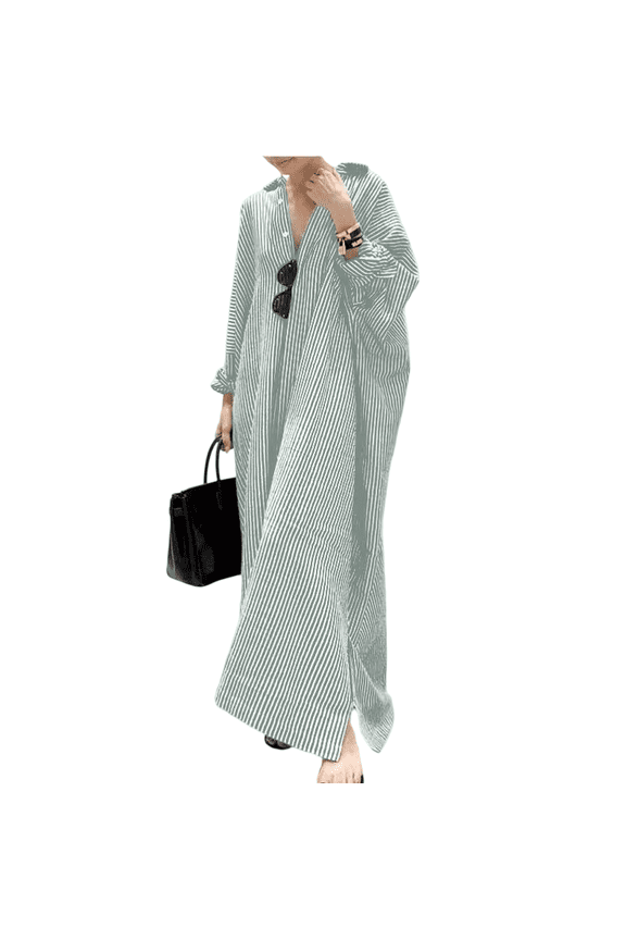 Women's Casual Long Sleeve Blouse Button Down Loose Striped Cotton Maxi Shirt Dresses Tops