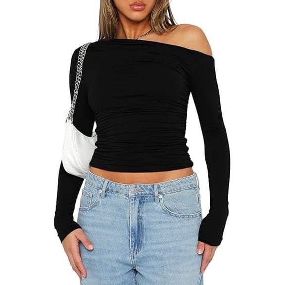 Women's Casual Long Sleeve Boat Neck Off Shoulder Slim Fit Crop Top Going Out Blouses Y2K Tight Shirts Black L