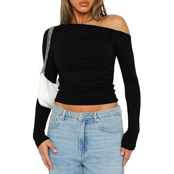 Women's Casual Long Sleeve Boat Neck Off Shoulder Slim Fit Crop Top Going Out Blouses Y2K Tight Shirts Black L