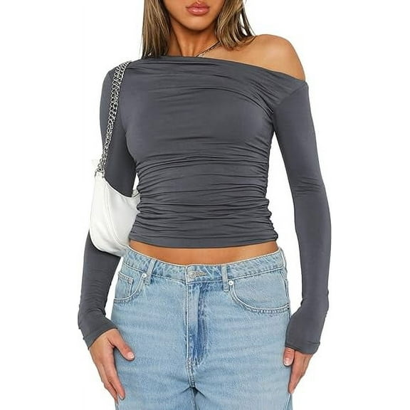 Women's Casual Long Sleeve Boat Neck Off Shoulder Slim Fit Crop Top Going Out Blouses Y2K Tight Shirts Grey S