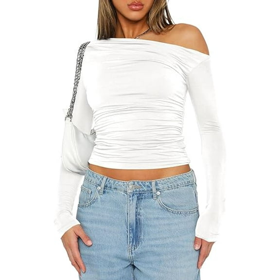 Women's Casual Long Sleeve Boat Neck Off Shoulder Slim Fit Crop Top Going Out Blouses Y2K Tight Shirts White S