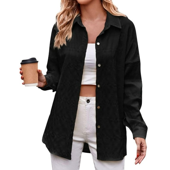 Women’s Casual Long Sleeve Button Down Corduroy Shirt, Loose Fit Lapel Collar Blouse Top for Spring Fall Outfits
