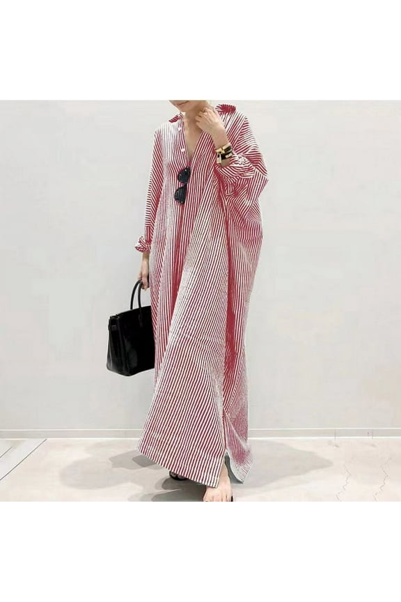 Womens Casual Long Sleeve Button Down Loose Striped Cotton Maxi Shirt Dress