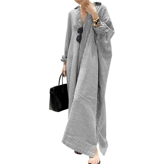 Women's Casual Long Sleeve Button Down Loose Striped Cotton Maxi Shirt Dress